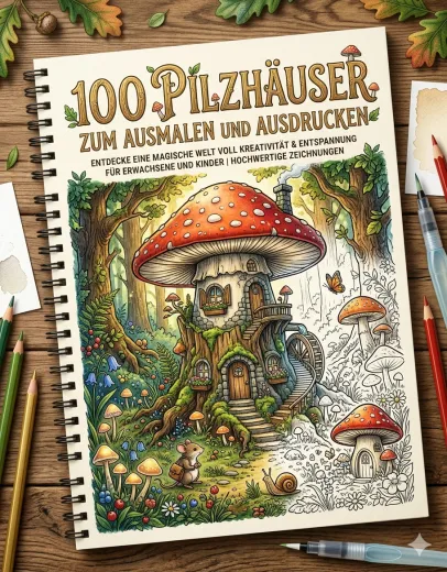 100 Pilzhäuser zum Ausmalen