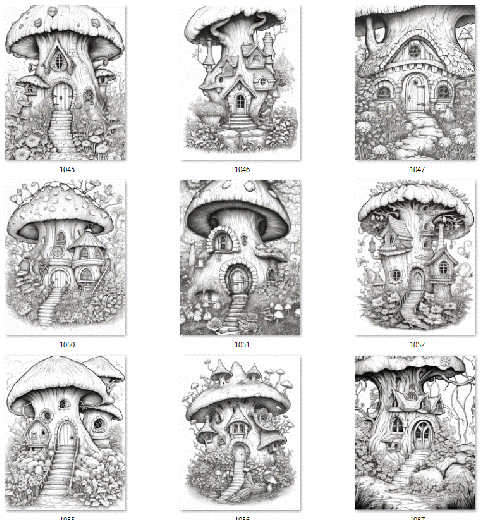 100 Pilzhäuser zum Ausmalen