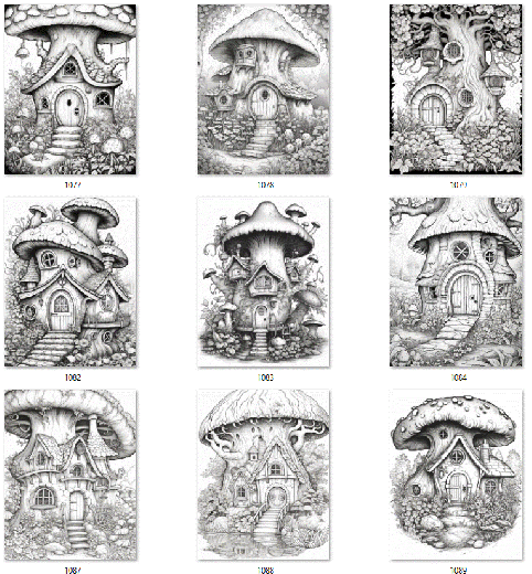 100 Pilzhäuser zum Ausmalen
