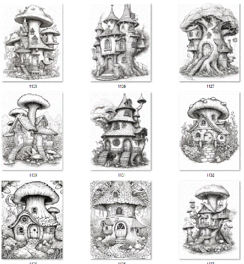 100 Pilzhäuser zum Ausmalen