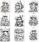 100 Pilzhäuser zum Ausmalen